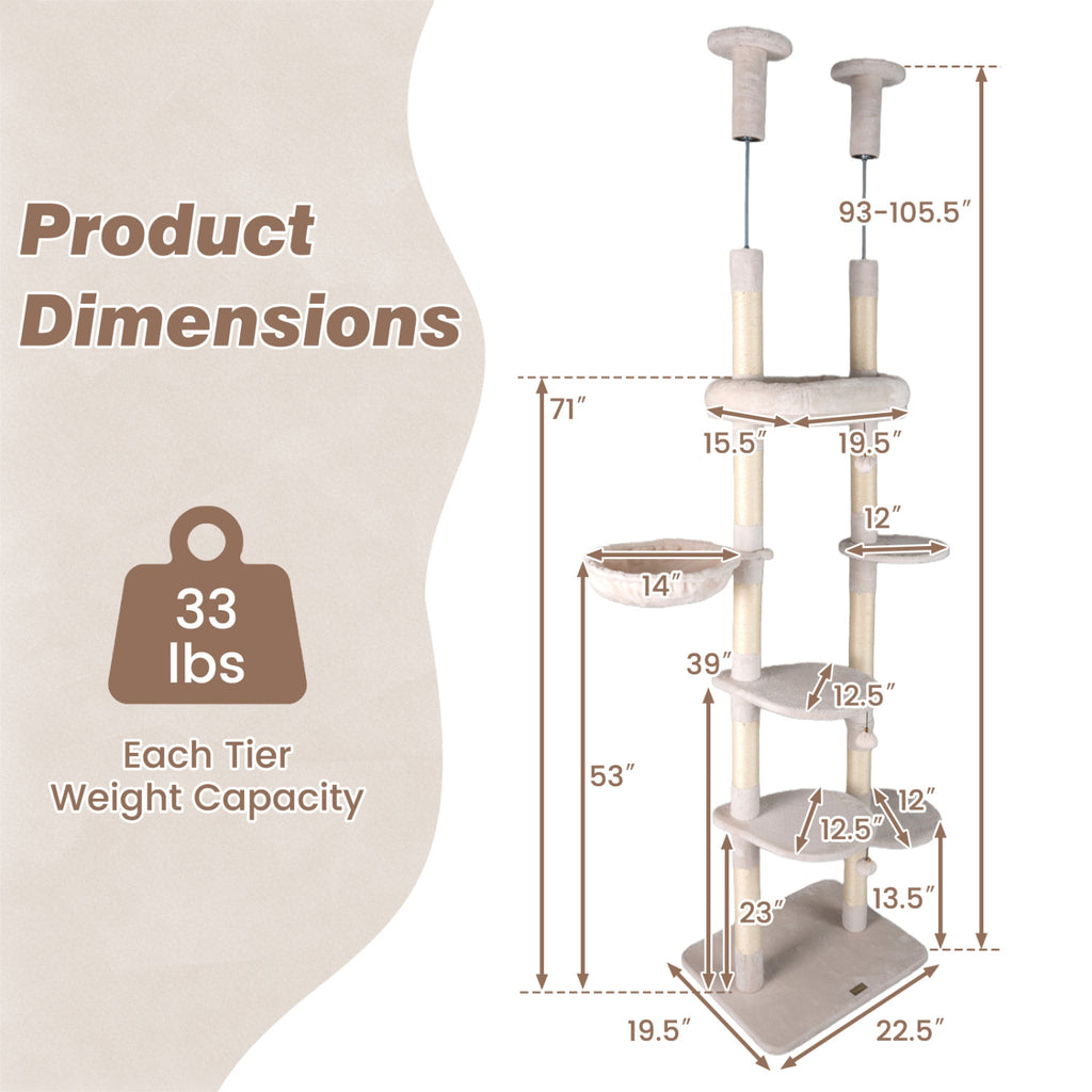 6-tier Floor to Ceiling Cat Tree with Plush Bed and Sisal Scratching Posts-Beige