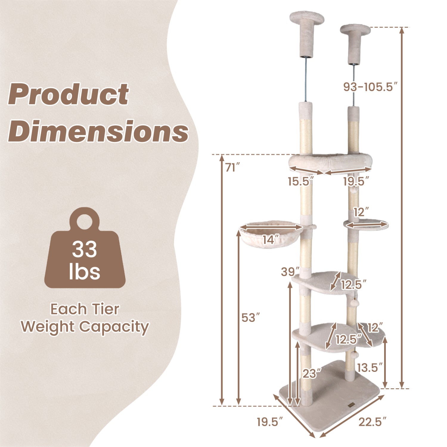 6-tier Floor to Ceiling Cat Tree with Plush Bed and Sisal Scratching Posts-Beige