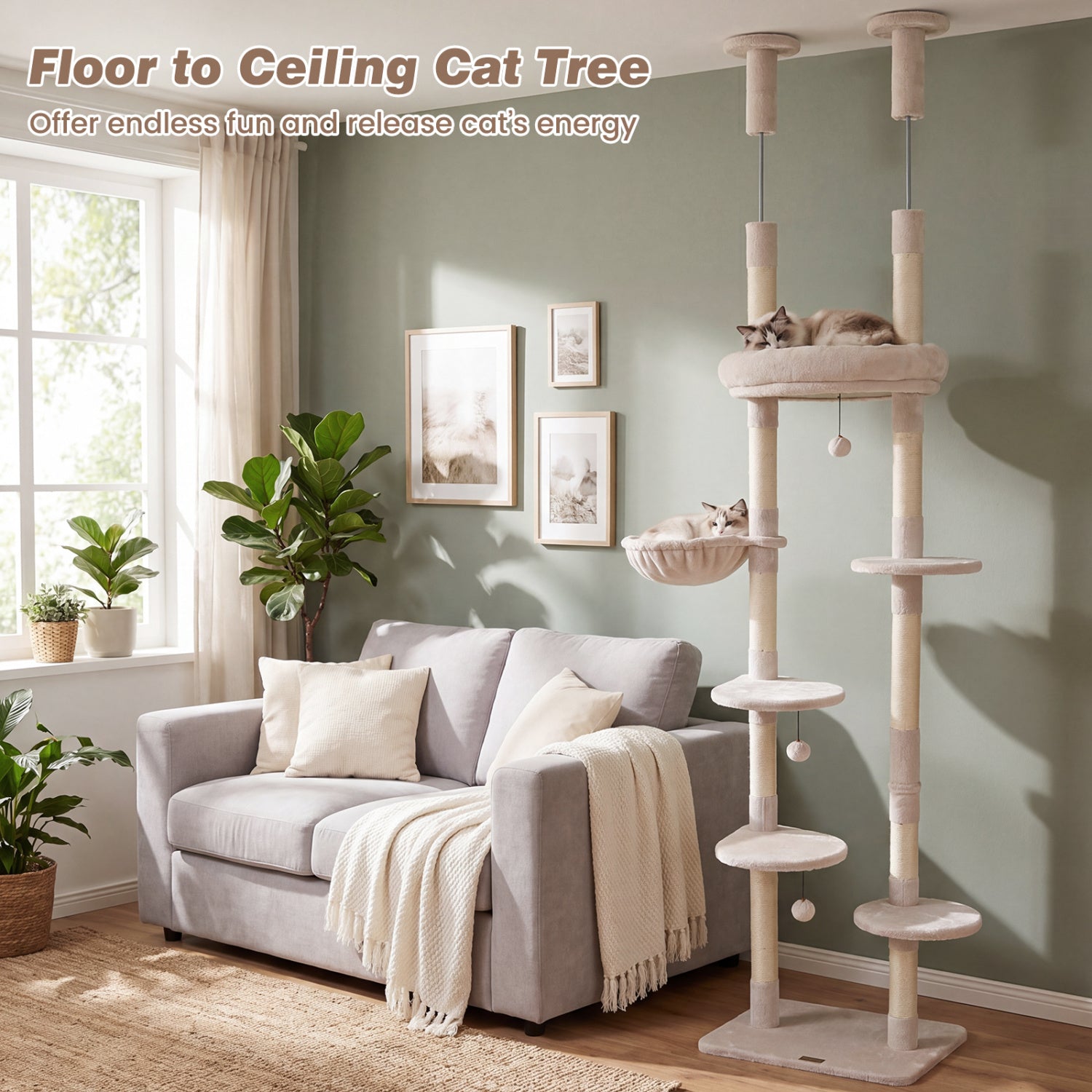 6-tier Floor to Ceiling Cat Tree with Plush Bed and Sisal Scratching Posts-Beige
