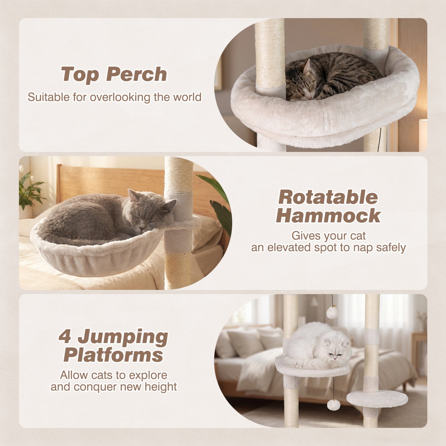 6-tier Floor to Ceiling Cat Tree with Plush Bed and Sisal Scratching Posts-Beige