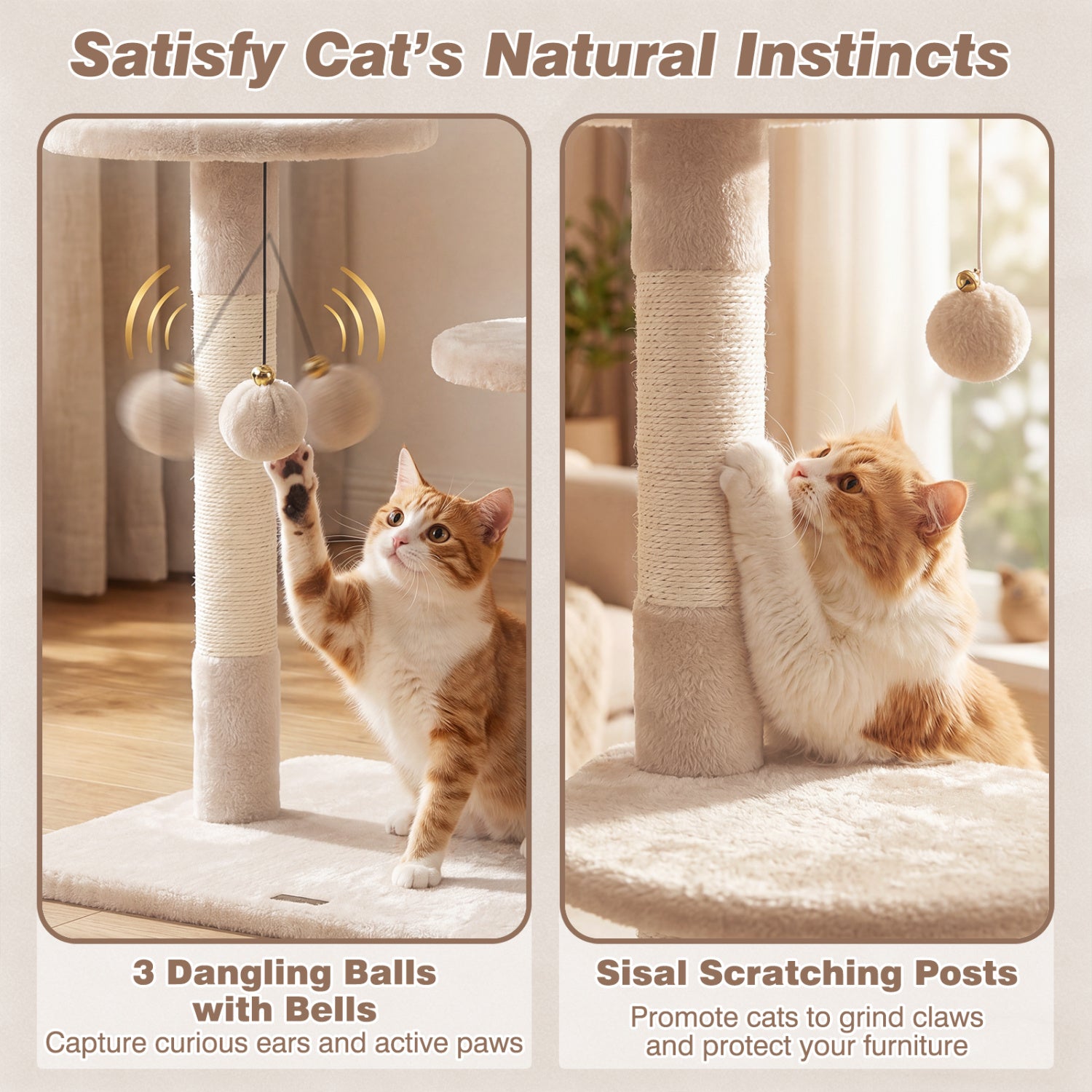 6-tier Floor to Ceiling Cat Tree with Plush Bed and Sisal Scratching Posts-Beige