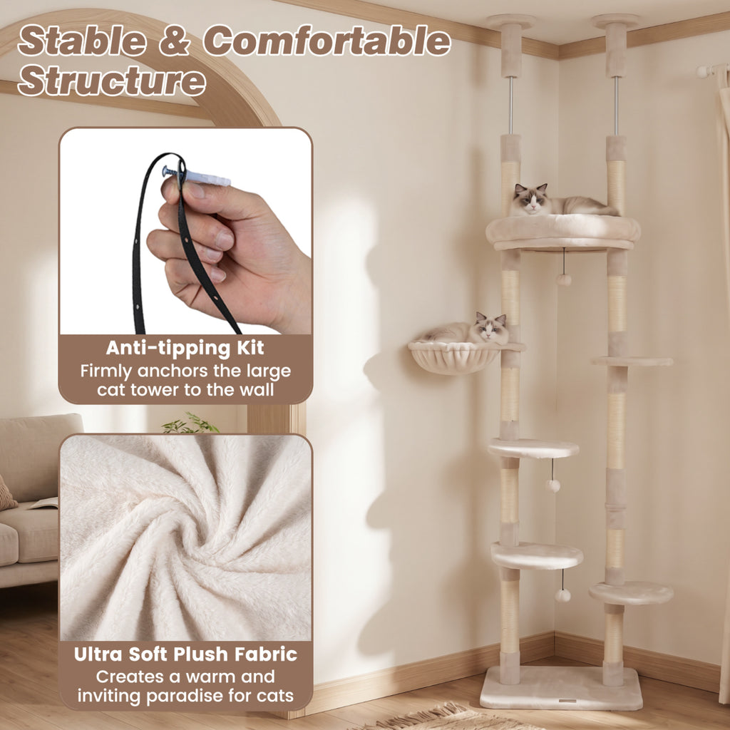 6-tier Floor to Ceiling Cat Tree with Plush Bed and Sisal Scratching Posts-Beige