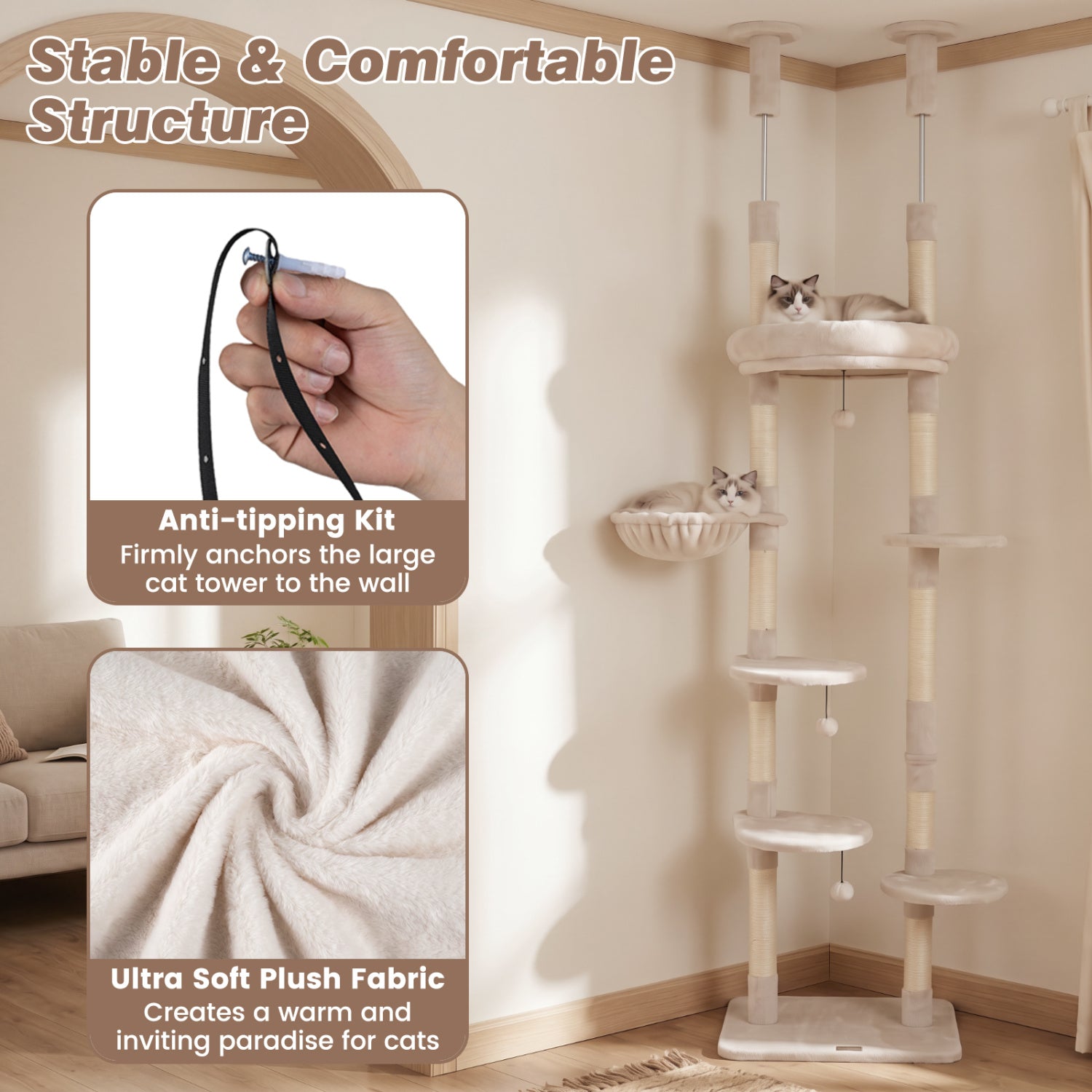 6-tier Floor to Ceiling Cat Tree with Plush Bed and Sisal Scratching Posts-Beige