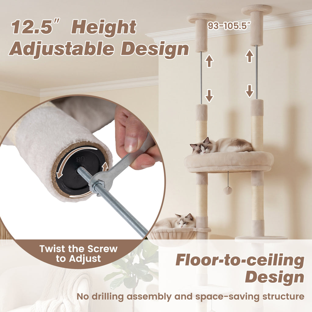 6-tier Floor to Ceiling Cat Tree with Plush Bed and Sisal Scratching Posts-Beige