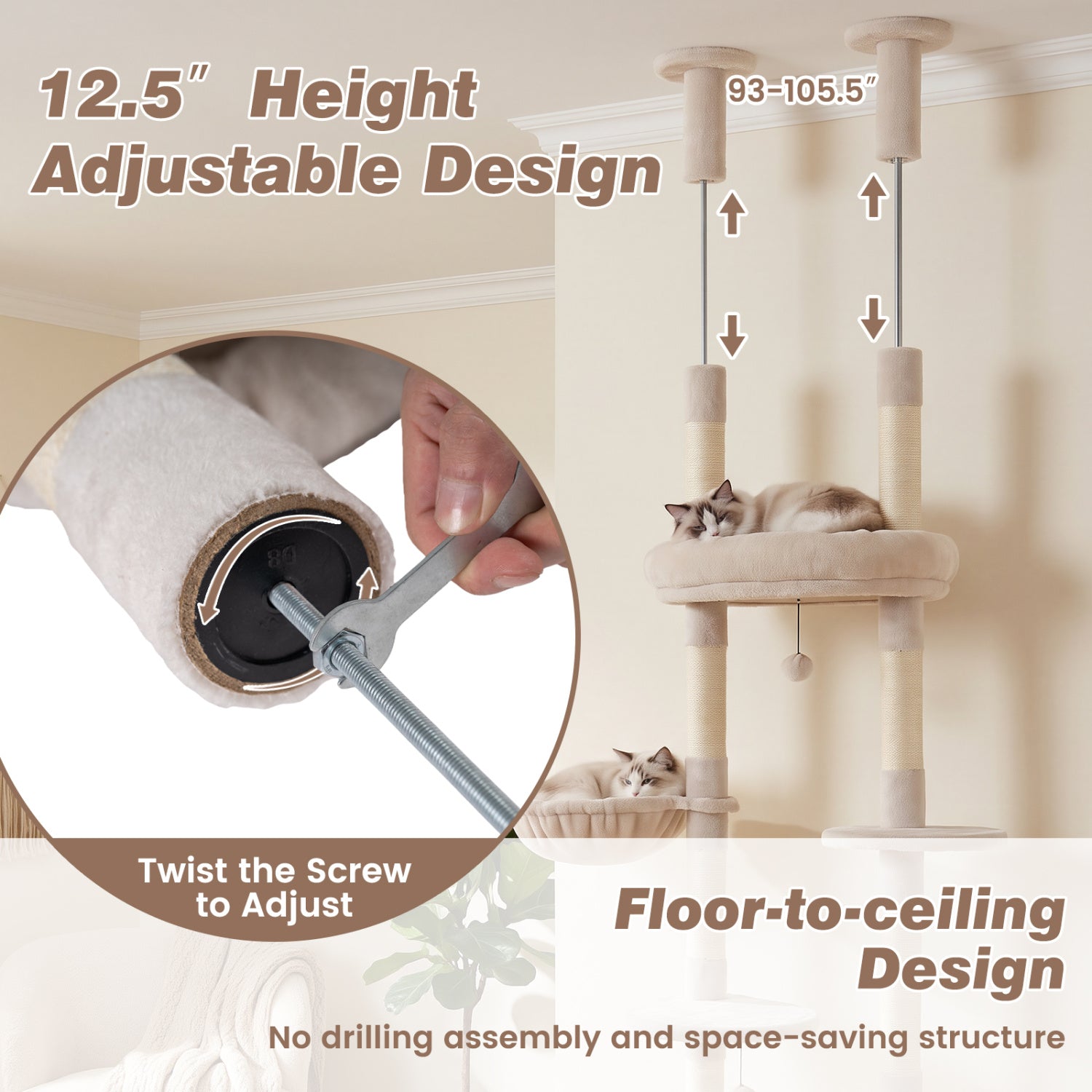 6-tier Floor to Ceiling Cat Tree with Plush Bed and Sisal Scratching Posts-Beige