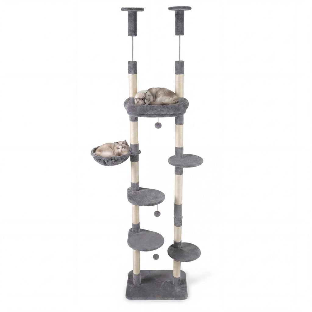 6-tier Floor to Ceiling Cat Tree with Plush Bed and Sisal Scratching Posts-Gray