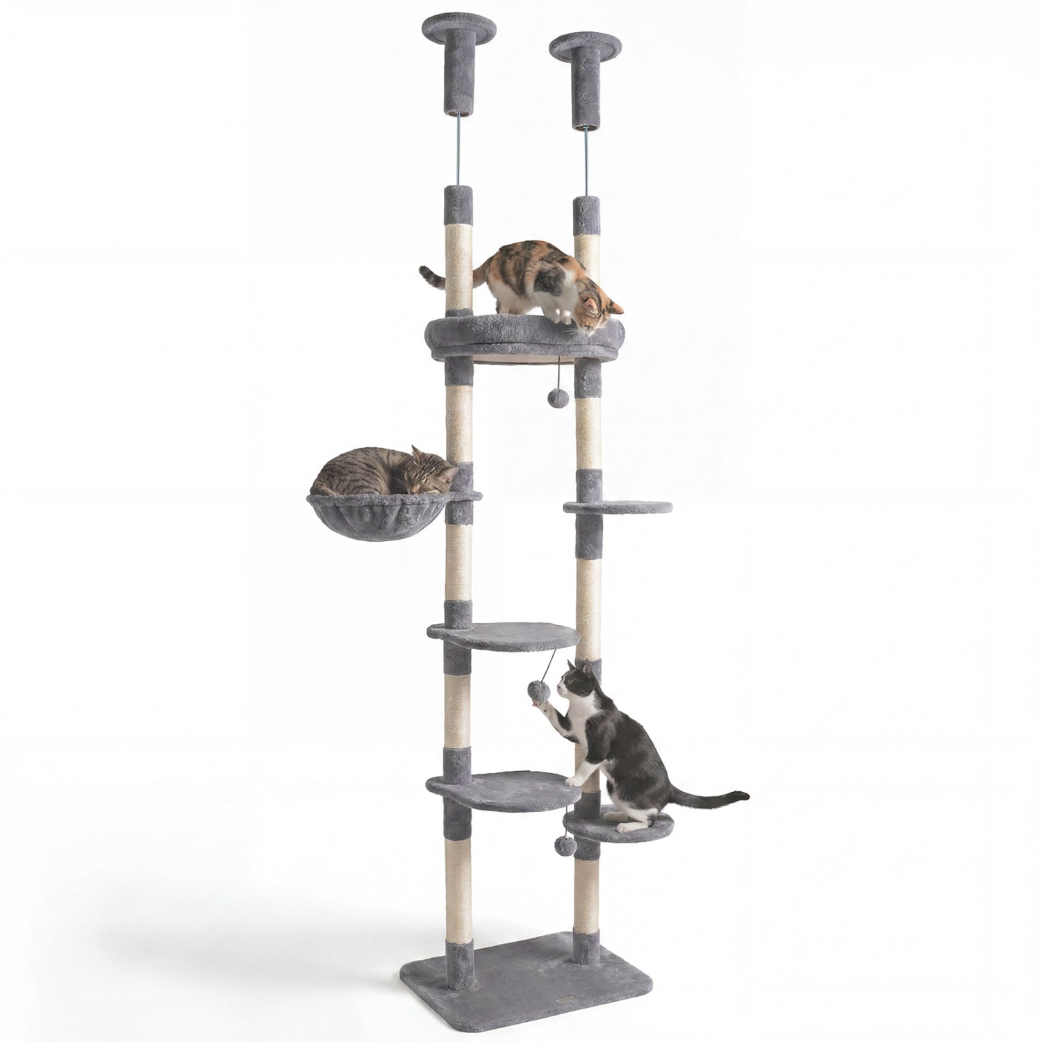 6-tier Floor to Ceiling Cat Tree with Plush Bed and Sisal Scratching Posts-Gray