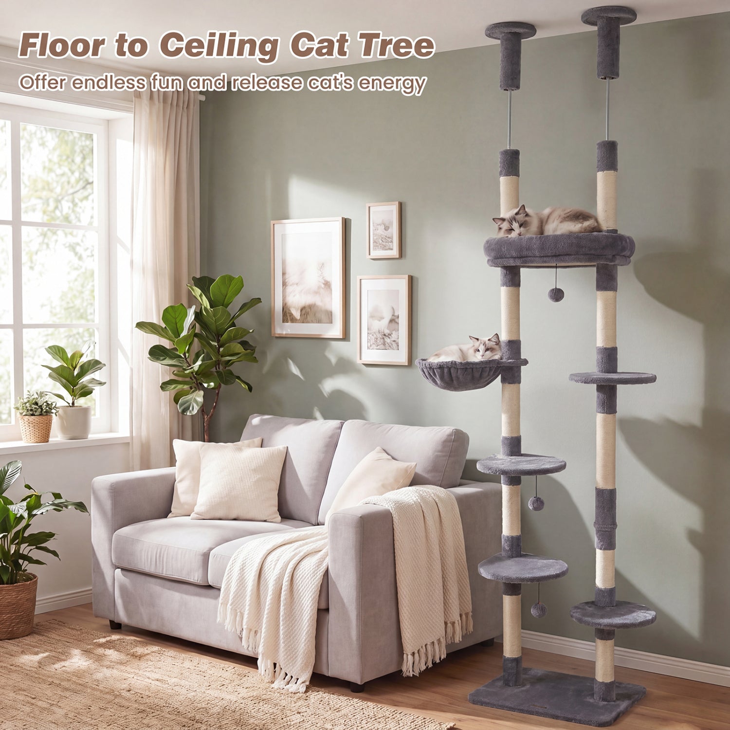 6-tier Floor to Ceiling Cat Tree with Plush Bed and Sisal Scratching Posts-Gray