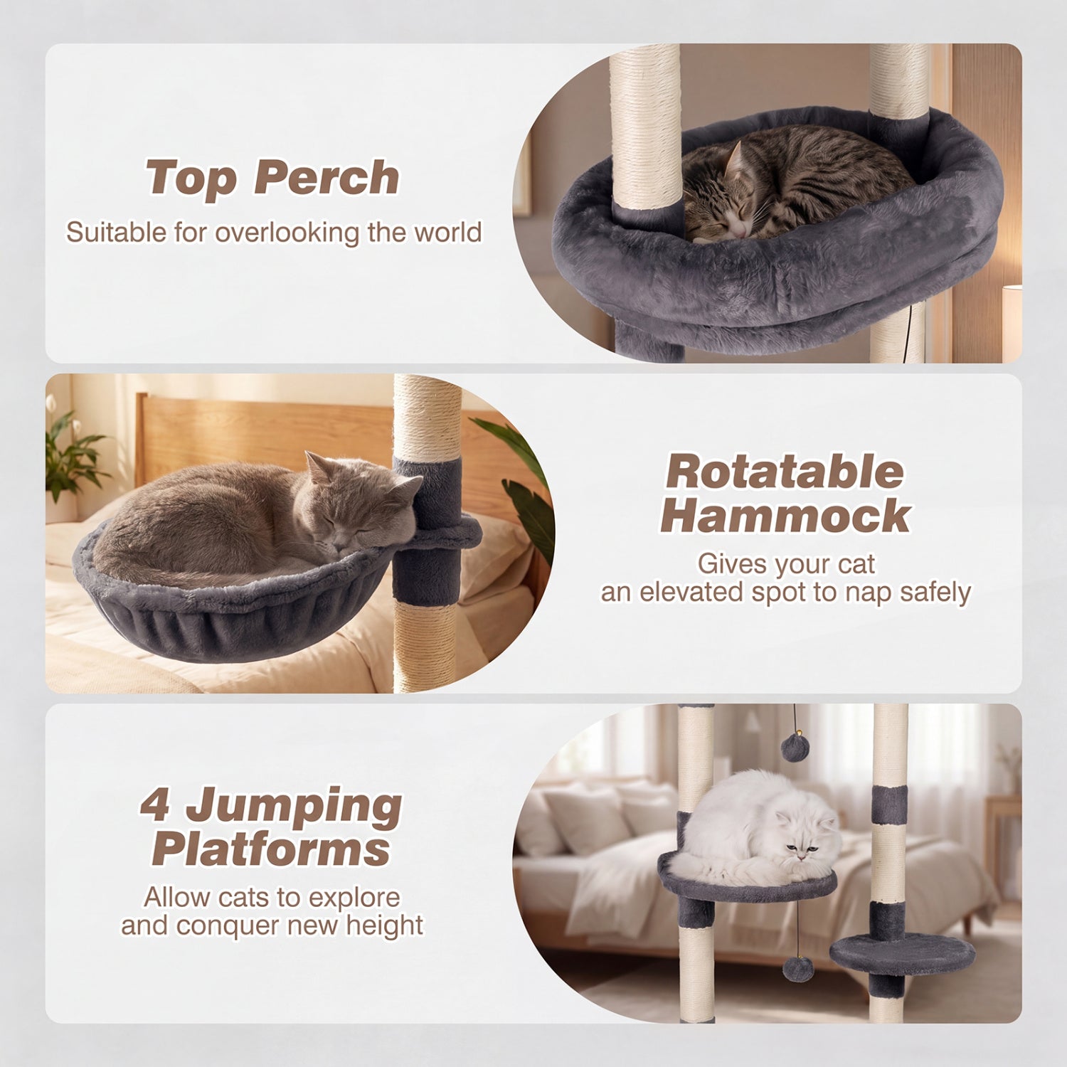 6-tier Floor to Ceiling Cat Tree with Plush Bed and Sisal Scratching Posts-Gray