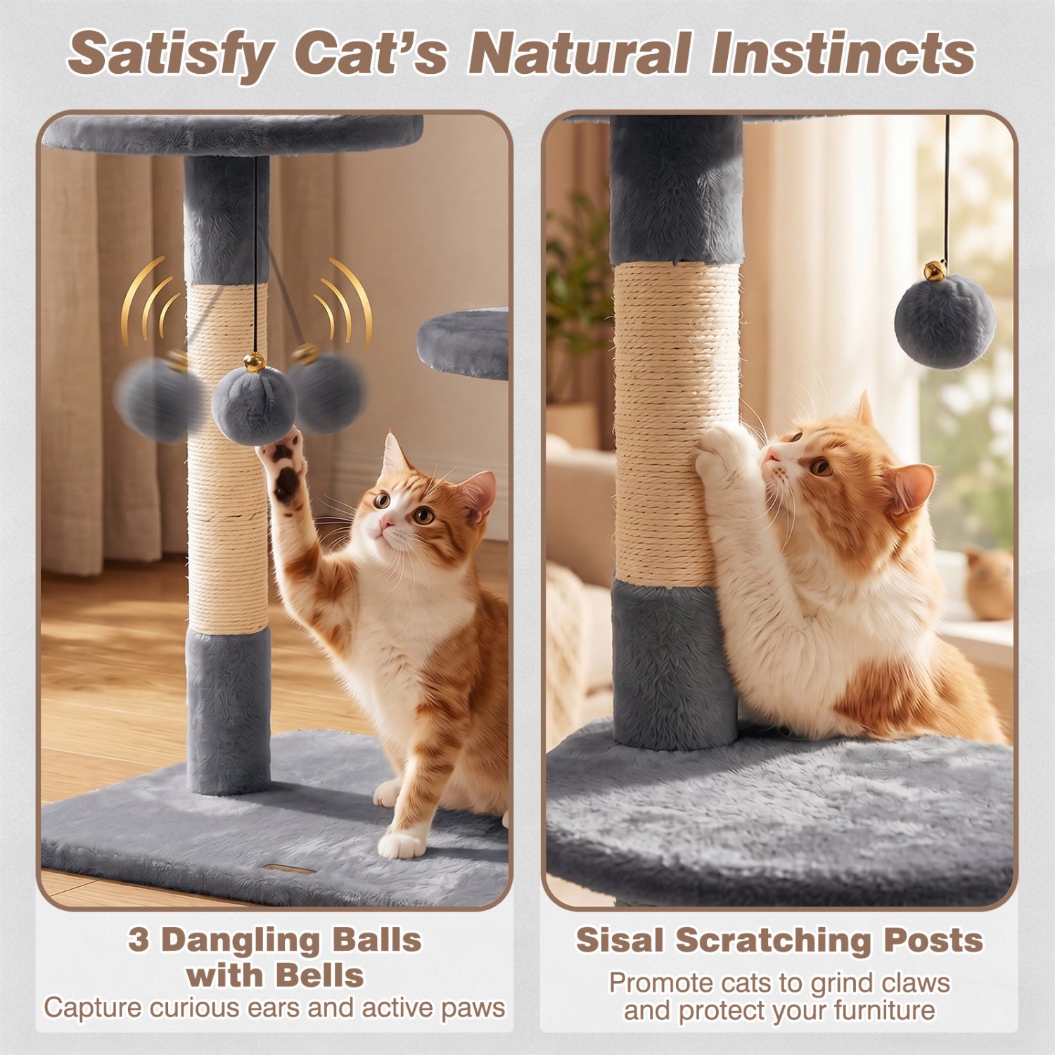 6-tier Floor to Ceiling Cat Tree with Plush Bed and Sisal Scratching Posts-Gray