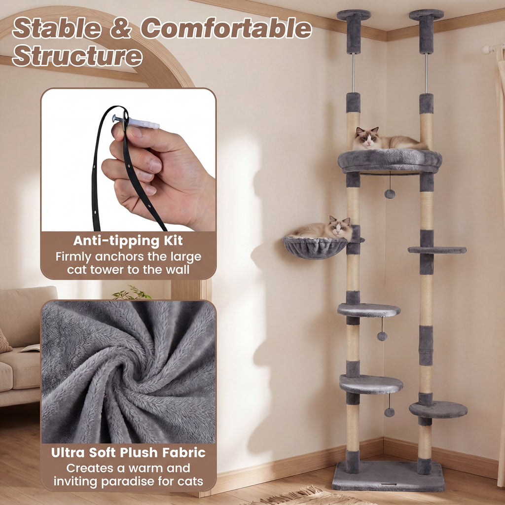 6-tier Floor to Ceiling Cat Tree with Plush Bed and Sisal Scratching Posts-Gray