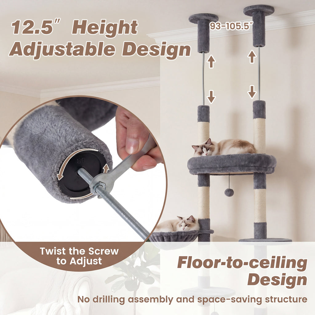 6-tier Floor to Ceiling Cat Tree with Plush Bed and Sisal Scratching Posts-Gray