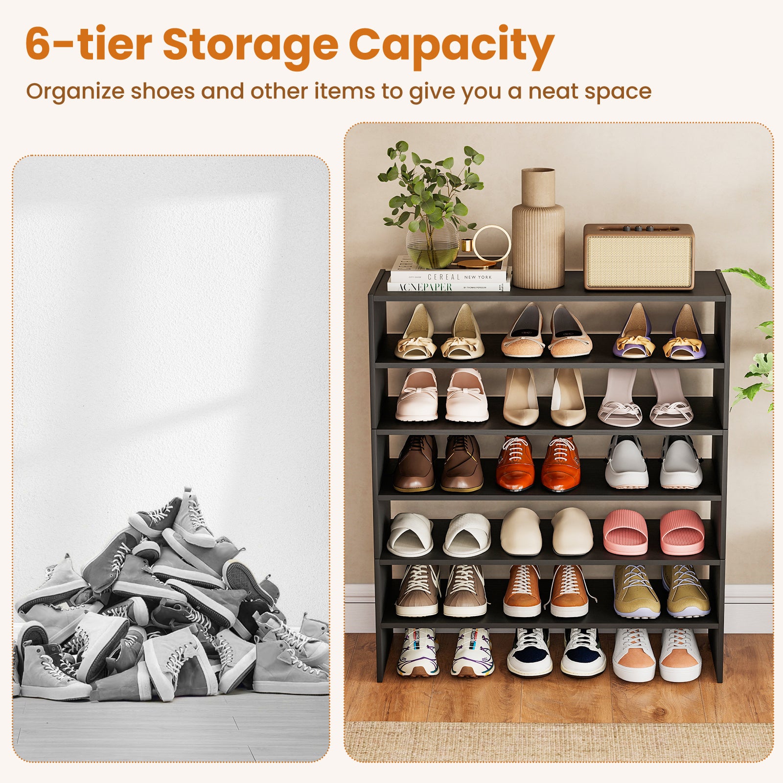 6-tier Shoe Rack with Anti-tipping Device for Entryway-Black