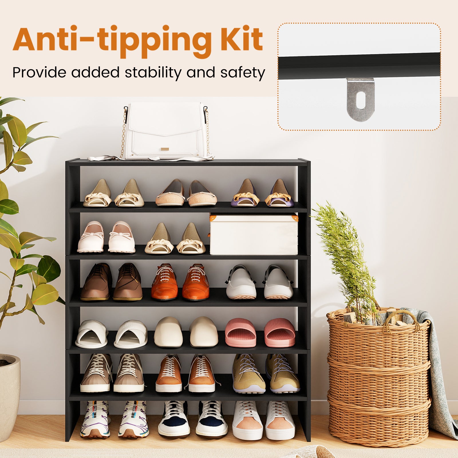 6-tier Shoe Rack with Anti-tipping Device for Entryway-Black