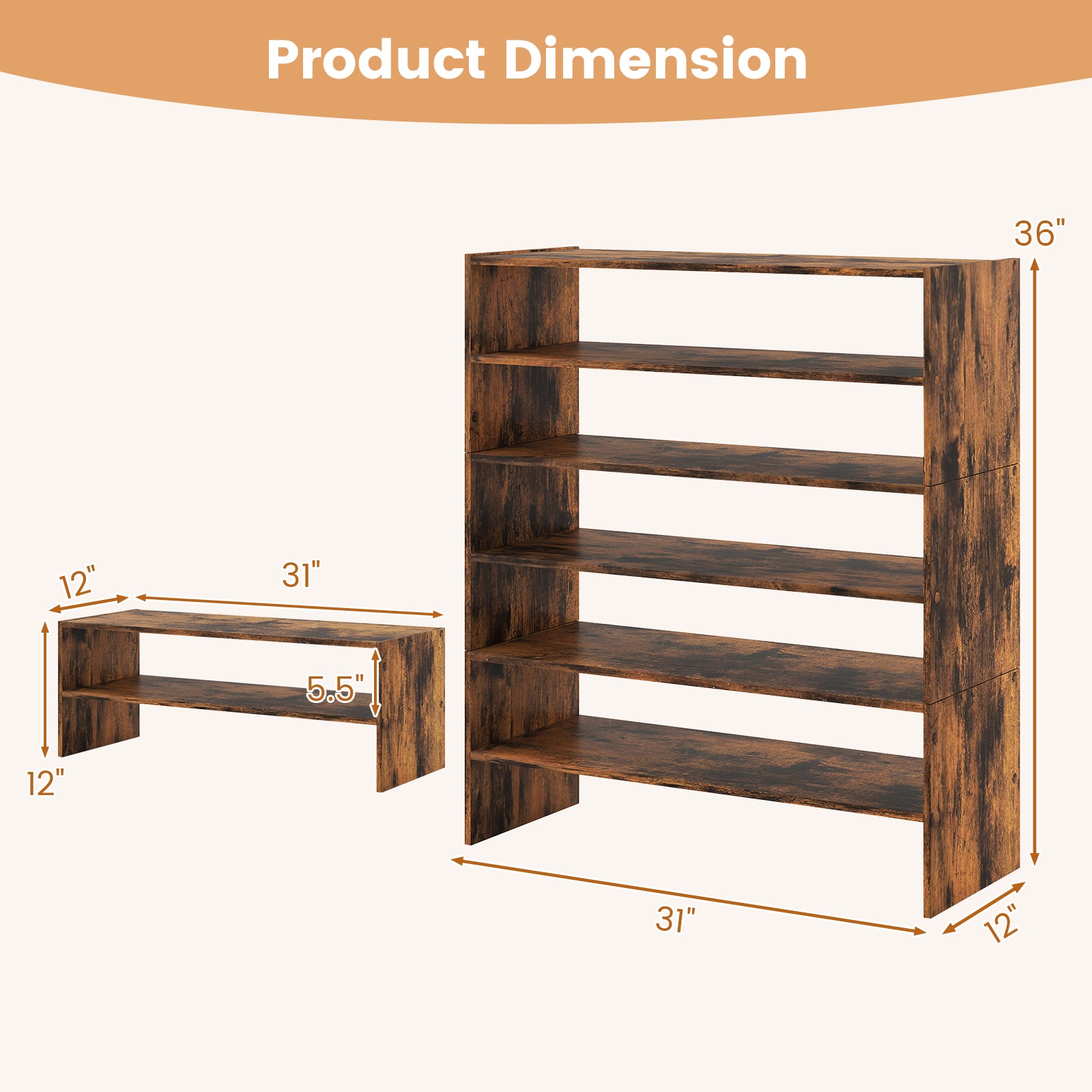 6-tier Shoe Rack with Anti-tipping Device for Entryway-Rustic Brown