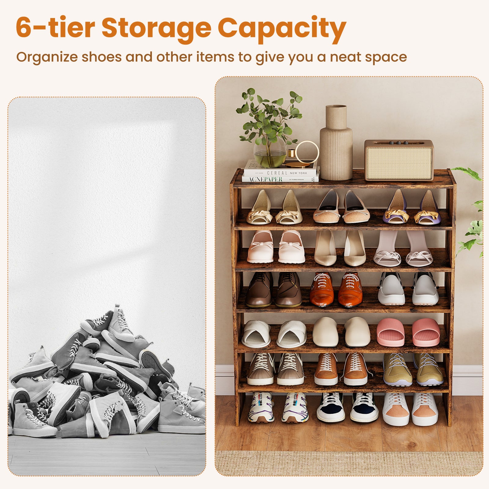 6-tier Shoe Rack with Anti-tipping Device for Entryway-Rustic Brown