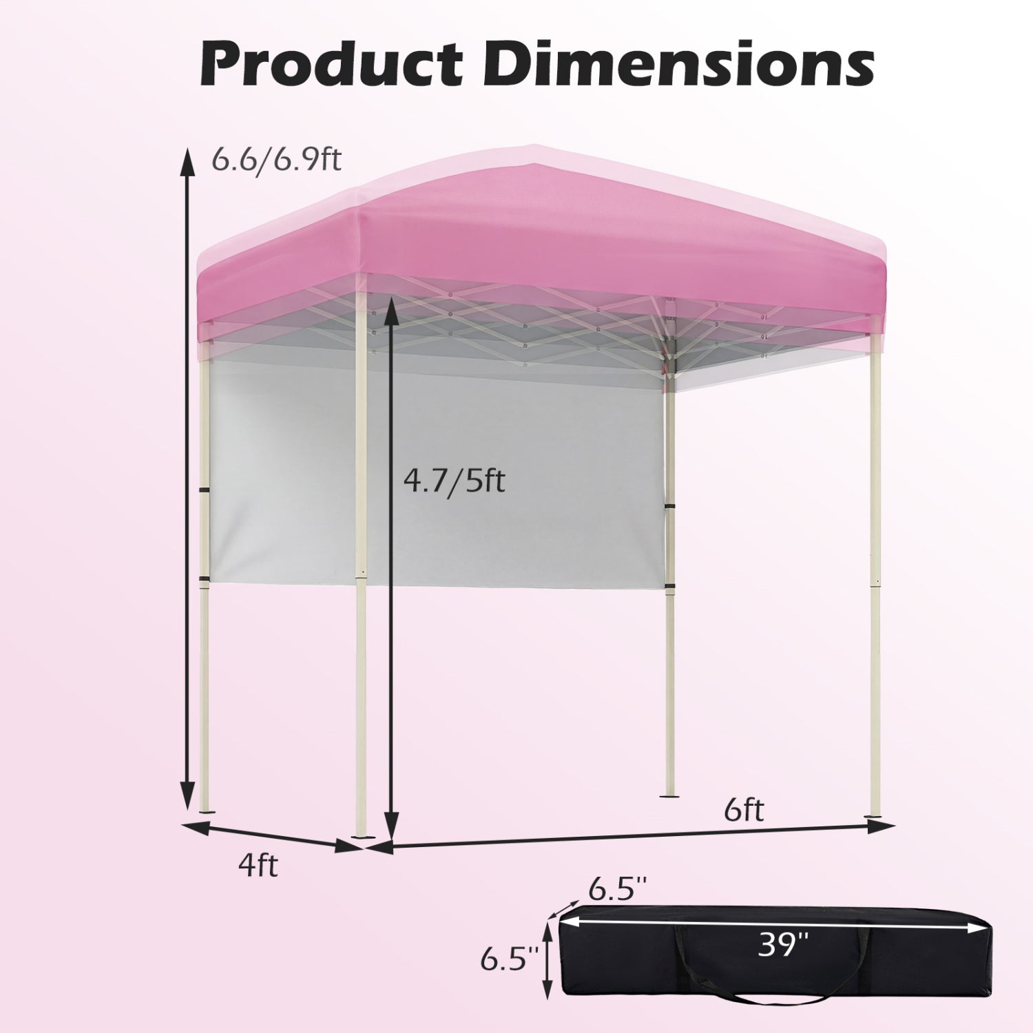 6 x 4 FT Pop-Up Canopy Tent with 1 Half Sidewall Easy Setup Folding Outdoor Sun Shelter-Pink