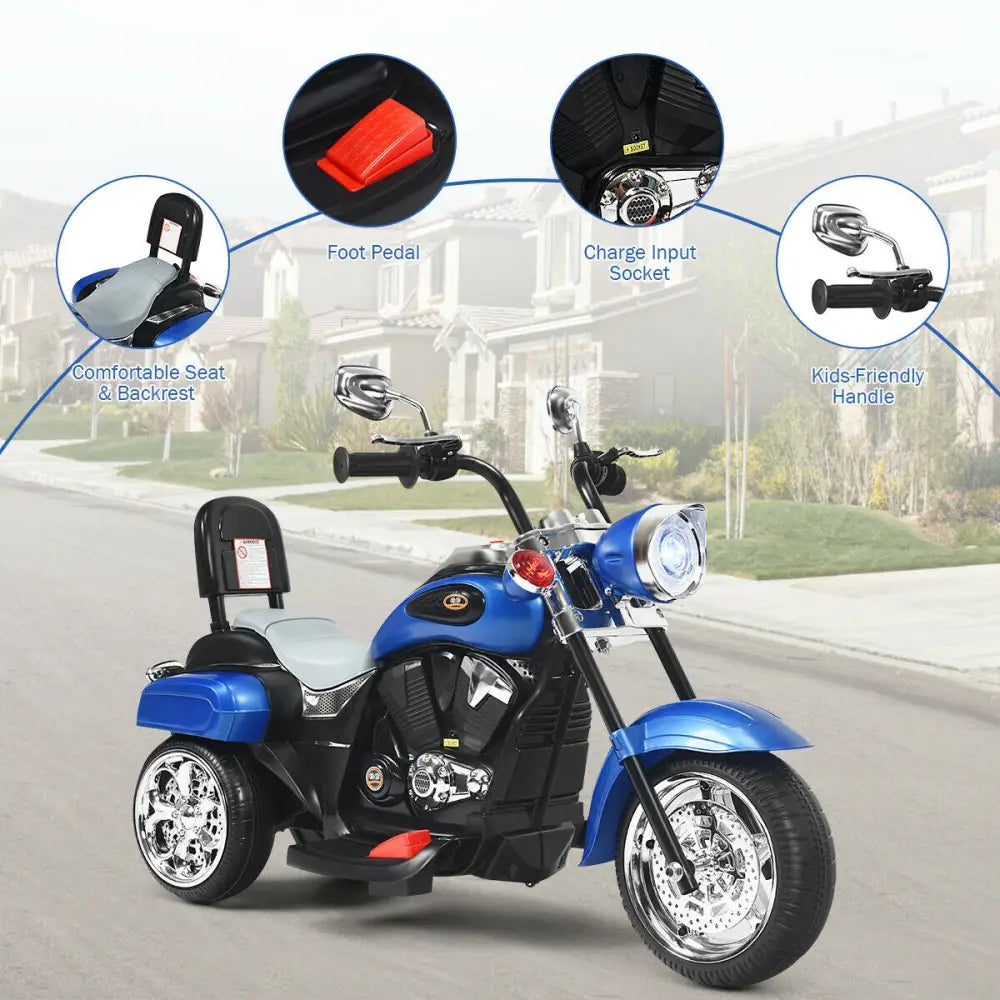 6V 3 Wheel Kids Motorcycle-Blue - Blue - Powered Ride On Toys