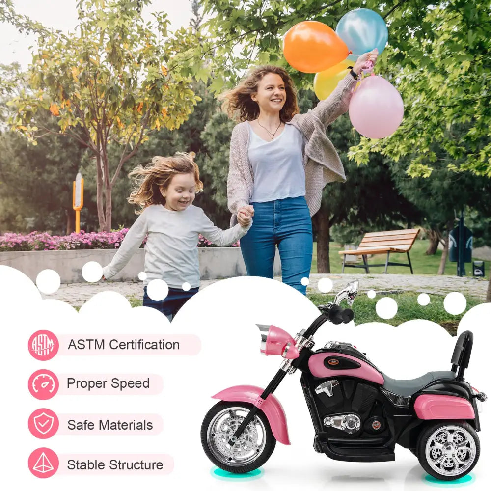 6V 3 Wheel Kids Motorcycle-Pink - Pink - Powered Ride On Toys