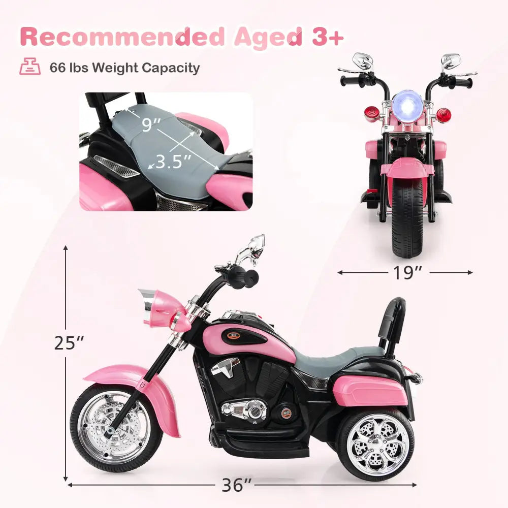 6V 3 Wheel Kids Motorcycle-Pink - Pink - Powered Ride On Toys