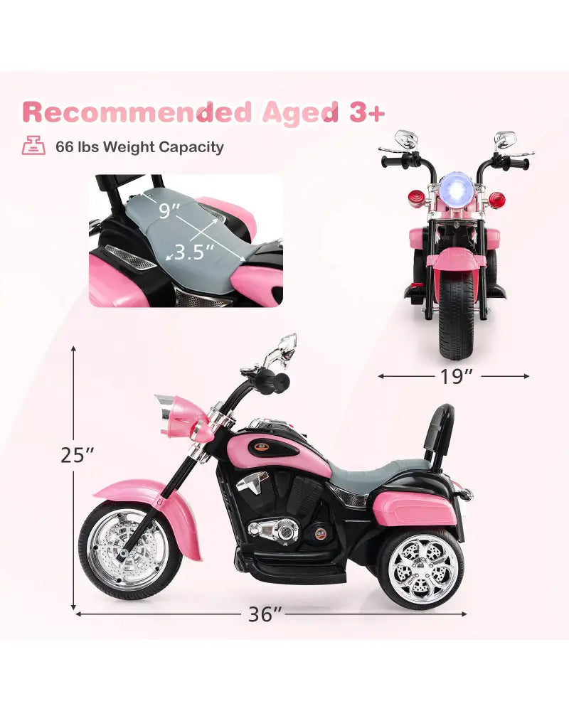 6V 3 Wheel Kids Motorcycle-Pink - Pink - Powered Ride On Toys