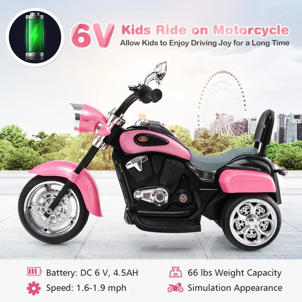 6V 3 Wheel Kids Motorcycle-Pink - Pink - Powered Ride On Toys