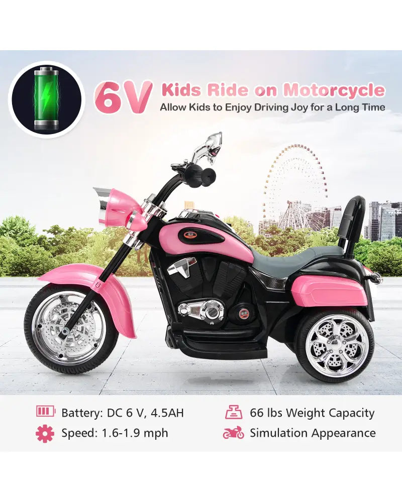 6V 3 Wheel Kids Motorcycle-Pink - Pink - Powered Ride On Toys
