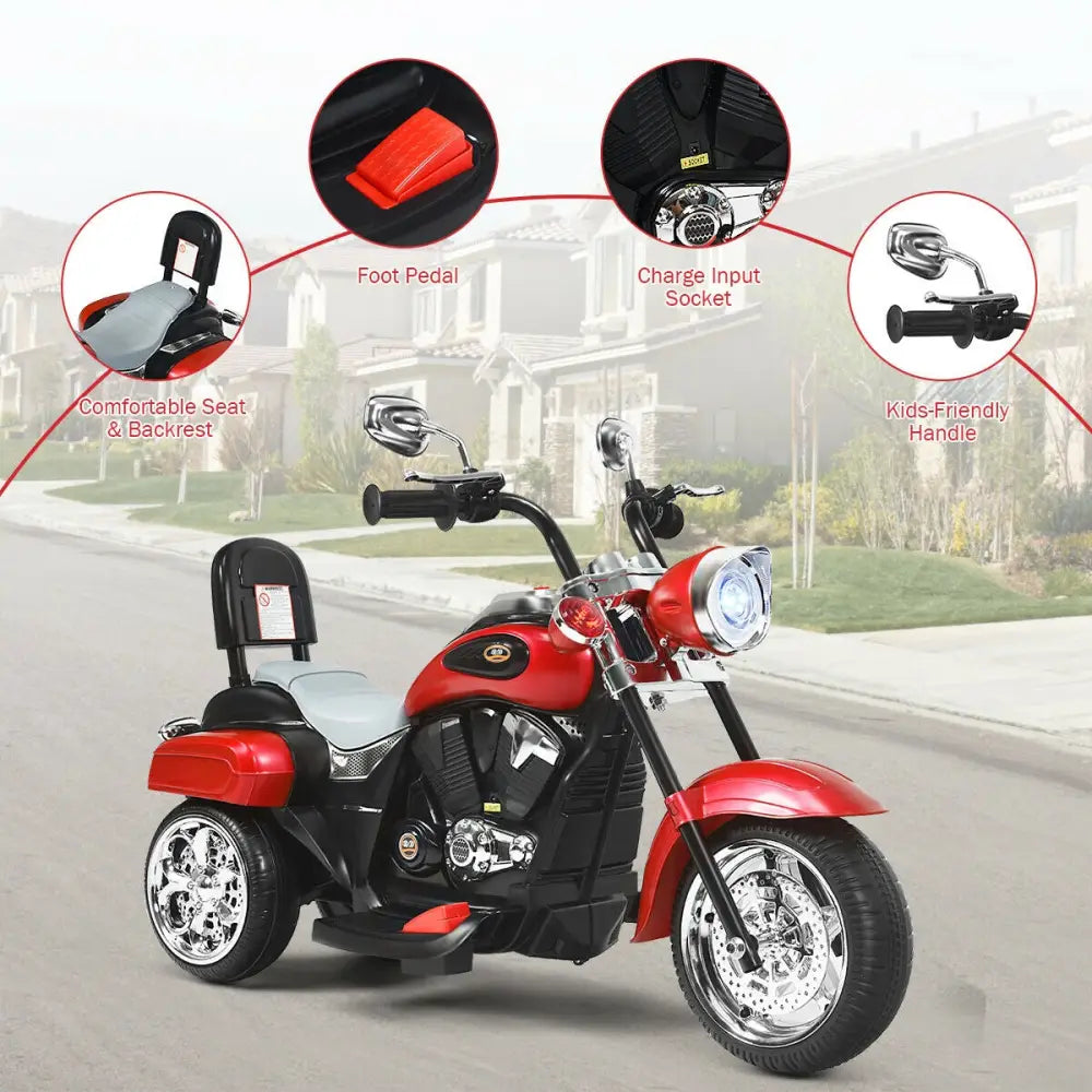 6V 3 Wheel Kids Motorcycle-Red - Red - Powered Ride On Toys