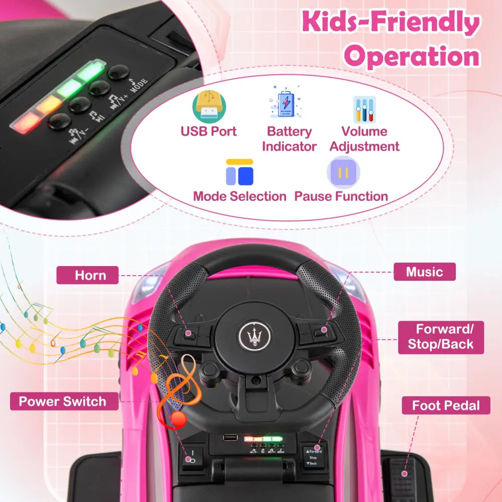 6V Electric Kids Ride on Push Car Maserati Licensed with Foot Pedal and Music-Pink - Pink - Powered Ride On Toys