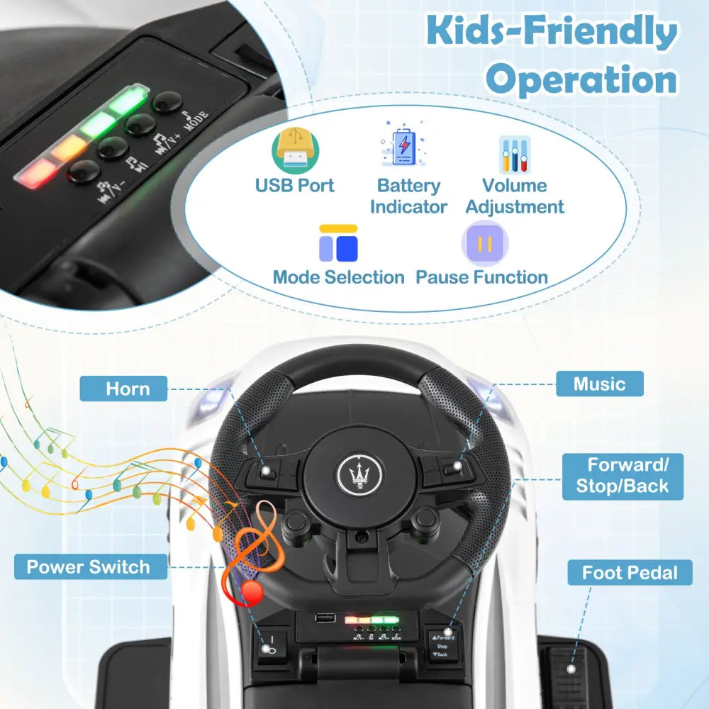 6V Electric Kids Ride on Push Car Maserati Licensed with Foot Pedal and Music-White - White - Powered Ride On Toys