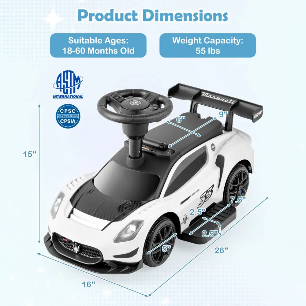 6V Electric Kids Ride on Push Car Maserati Licensed with Foot Pedal and Music-White - White - Powered Ride On Toys