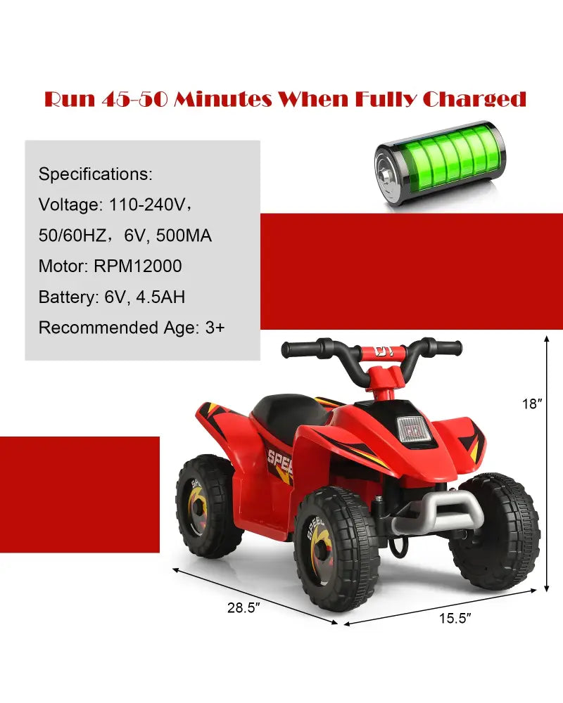 6V Kids Electric ATV 4 Wheels Ride-On Toy-Red - Red - Powered Ride On Toys