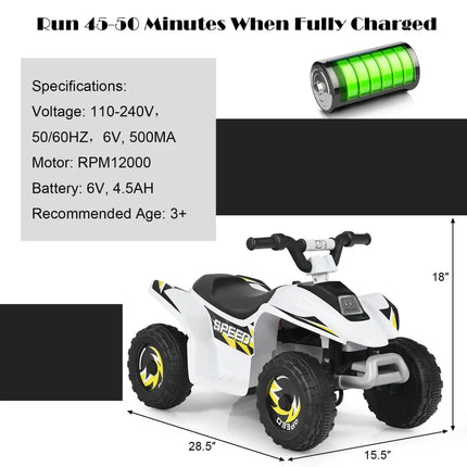 6V Kids Electric ATV 4 Wheels Ride-On Toy-White - White - Powered Ride On Toys