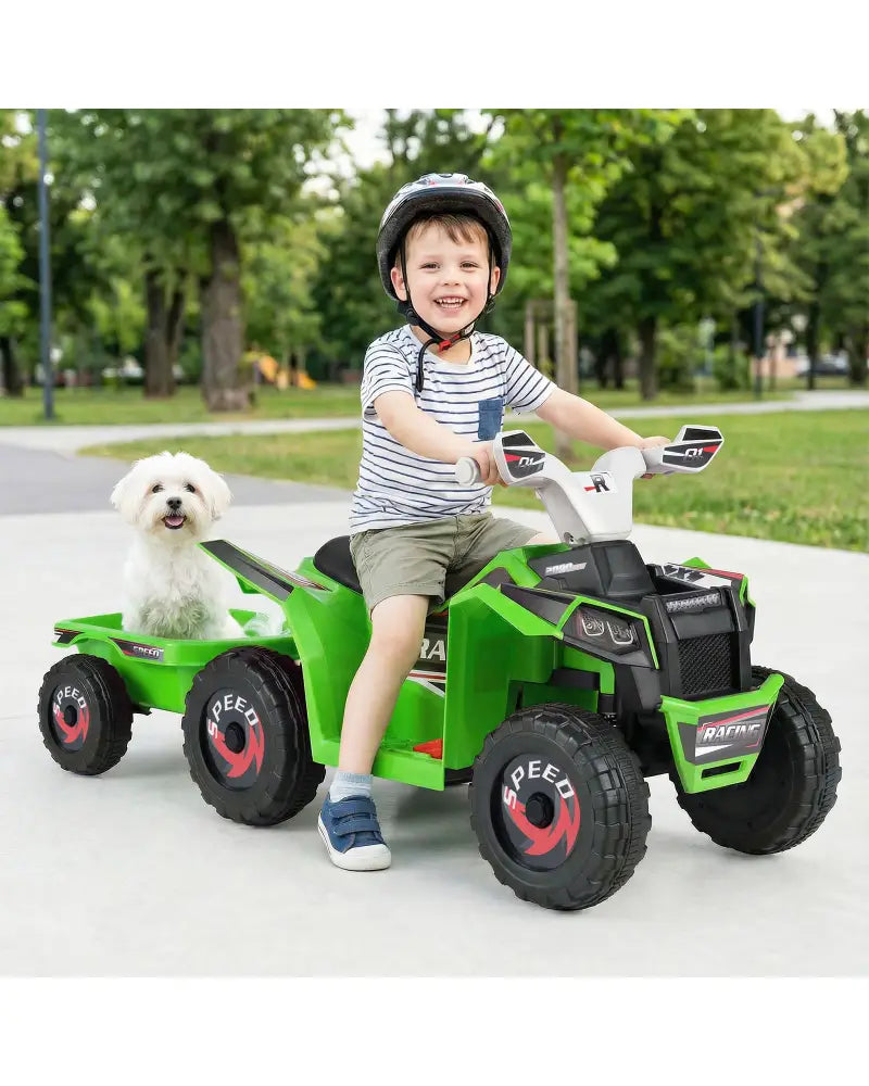 6V Kids Electric ATV Quad Car with Detachable Trailer-Green - Green - Powered Ride On Toys