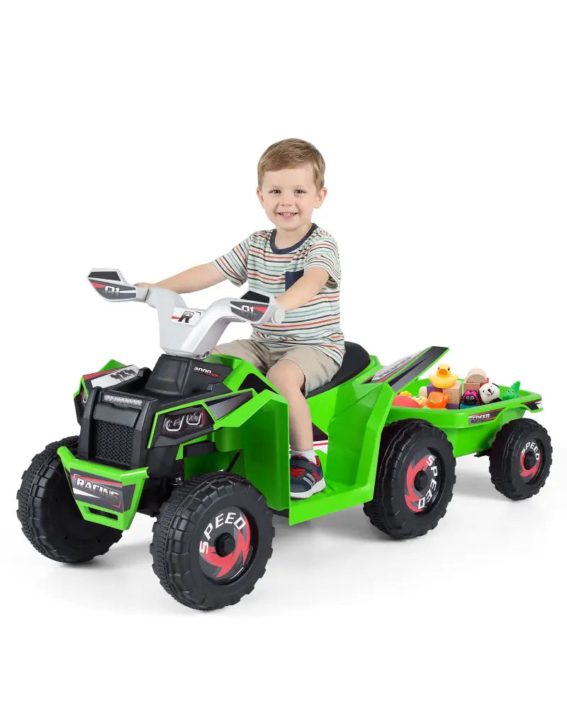 6V Kids Electric ATV Quad Car with Detachable Trailer-Green - Green - Powered Ride On Toys