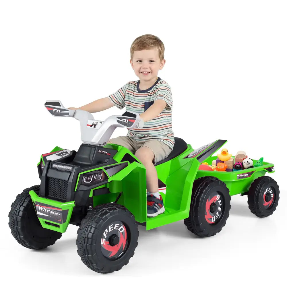 6V Kids Electric ATV Quad Car with Detachable Trailer-Green - Green - Powered Ride On Toys