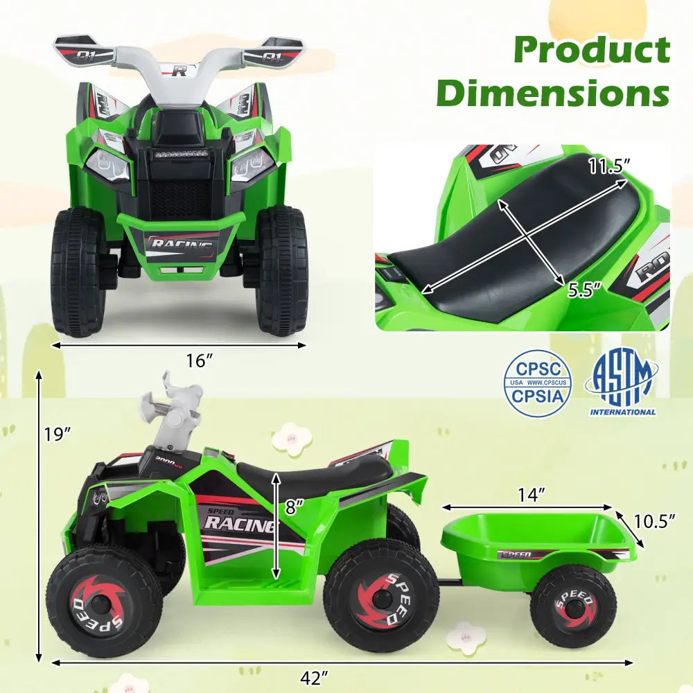 6V Kids Electric ATV Quad Car with Detachable Trailer-Green - Green - Powered Ride On Toys