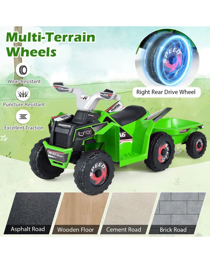 6V Kids Electric ATV Quad Car with Detachable Trailer-Green - Green - Powered Ride On Toys