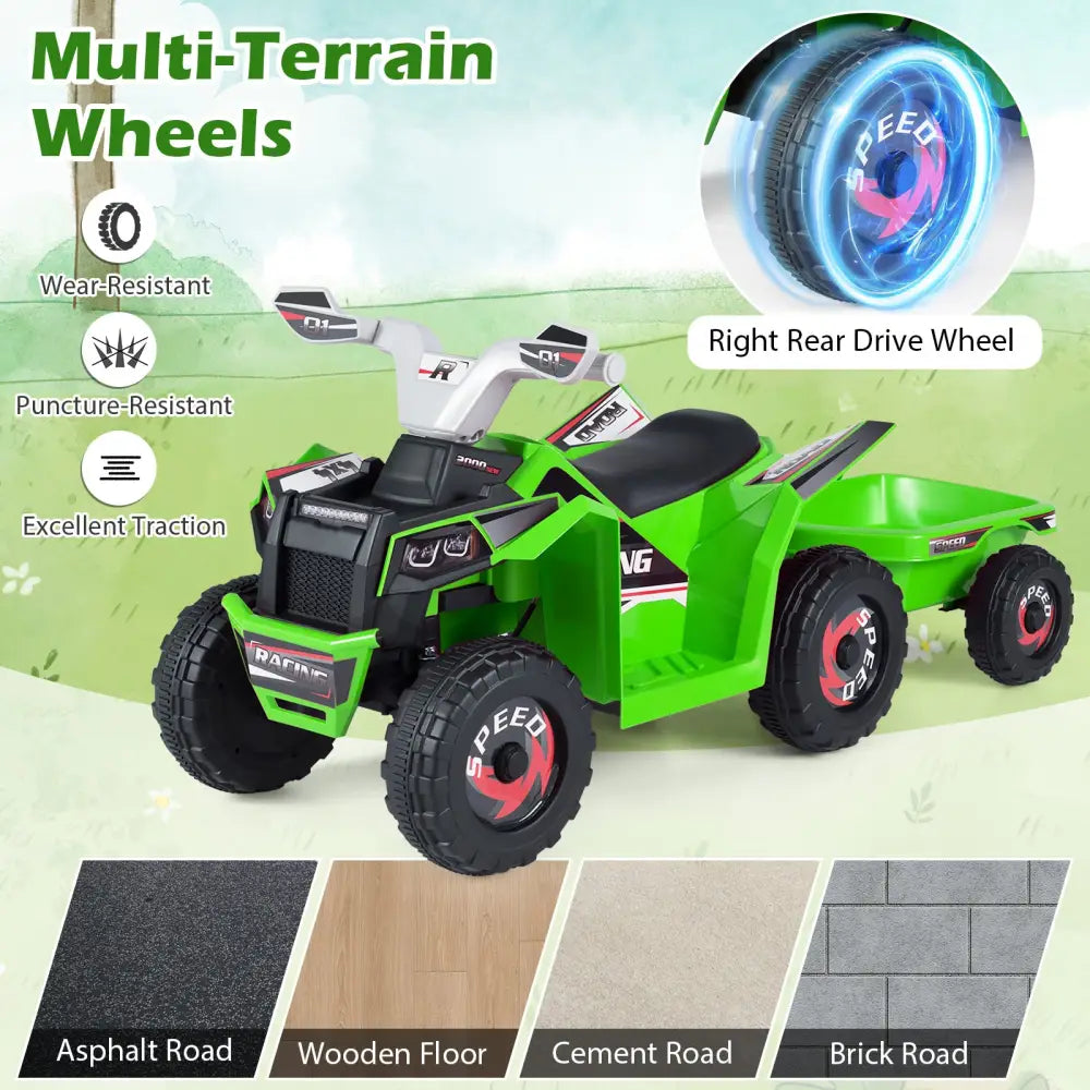 6V Kids Electric ATV Quad Car with Detachable Trailer-Green - Green - Powered Ride On Toys