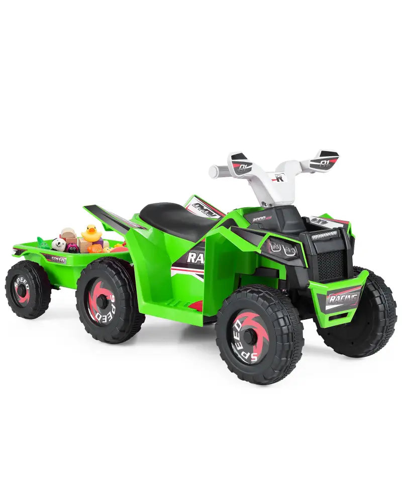 6V Kids Electric ATV Quad Car with Detachable Trailer-Green - Green - Powered Ride On Toys