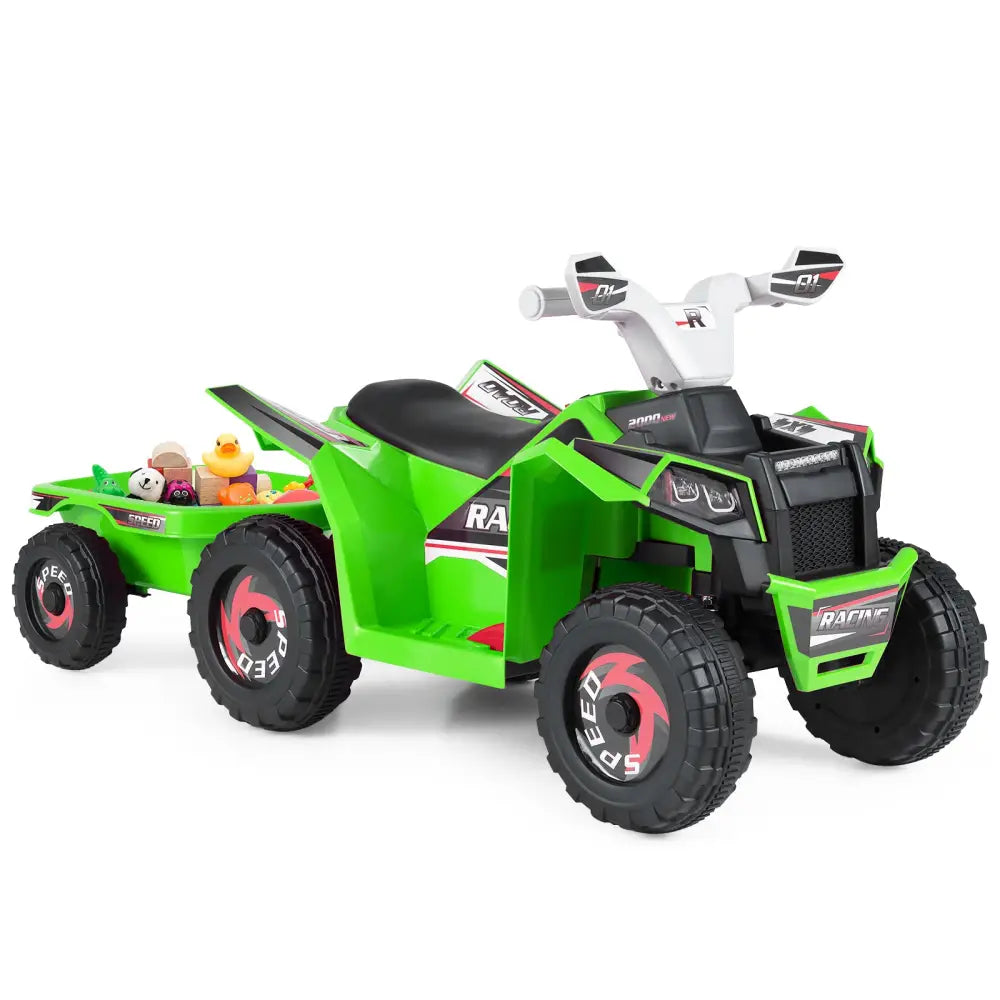 6V Kids Electric ATV Quad Car with Detachable Trailer-Green - Green - Powered Ride On Toys
