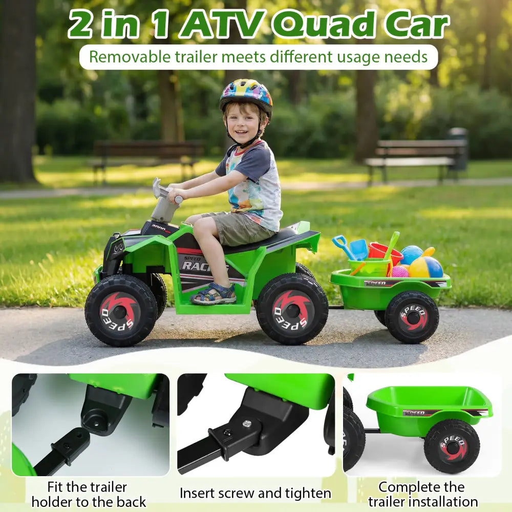 6V Kids Electric ATV Quad Car with Detachable Trailer-Green - Green - Powered Ride On Toys