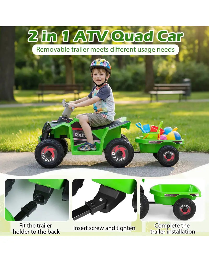 6V Kids Electric ATV Quad Car with Detachable Trailer-Green - Green - Powered Ride On Toys