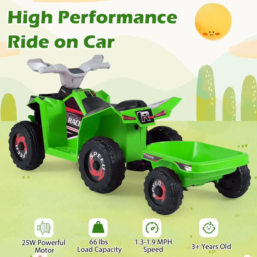 6V Kids Electric ATV Quad Car with Detachable Trailer-Green - Green - Powered Ride On Toys