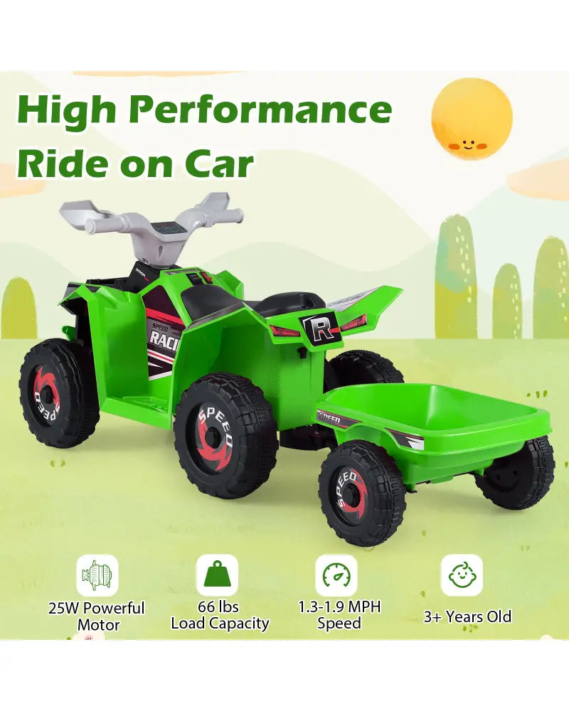 6V Kids Electric ATV Quad Car with Detachable Trailer-Green - Green - Powered Ride On Toys