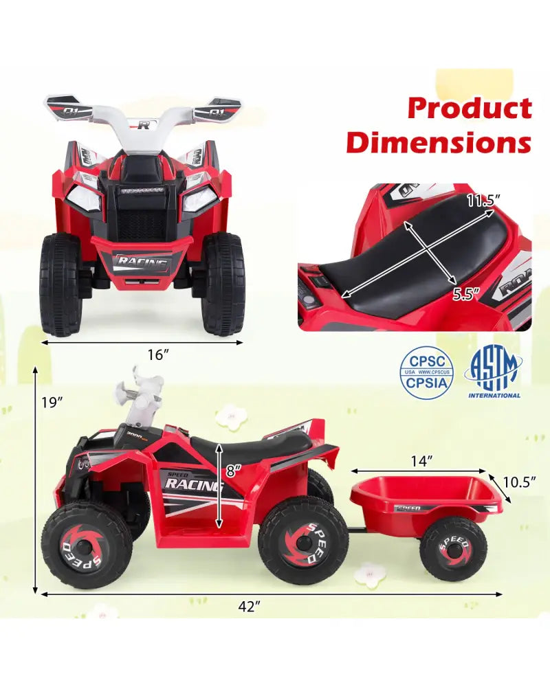 6V Kids Electric ATV Quad Car with Detachable Trailer-Red - Red - Powered Ride On Toys