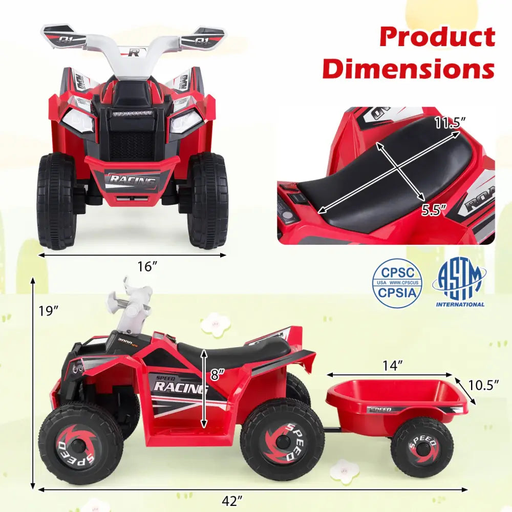 6V Kids Electric ATV Quad Car with Detachable Trailer-Red - Red - Powered Ride On Toys