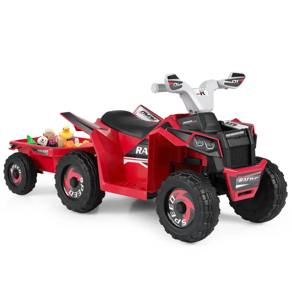 6V Kids Electric ATV Quad Car with Detachable Trailer-Red - Red - Powered Ride On Toys