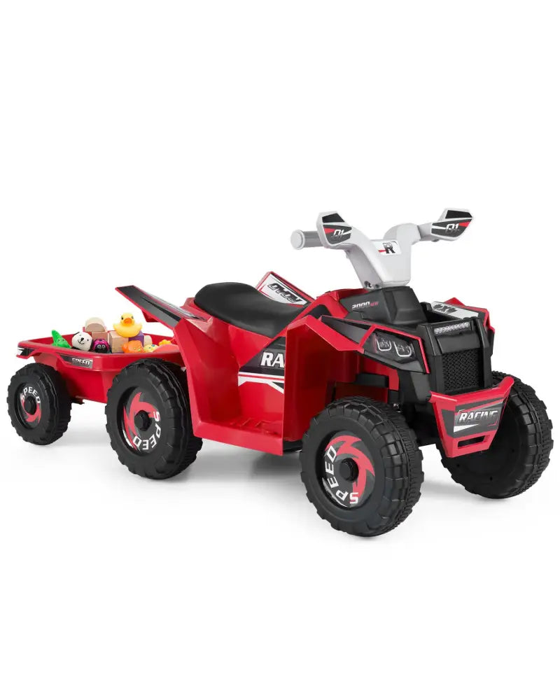 6V Kids Electric ATV Quad Car with Detachable Trailer-Red - Red - Powered Ride On Toys