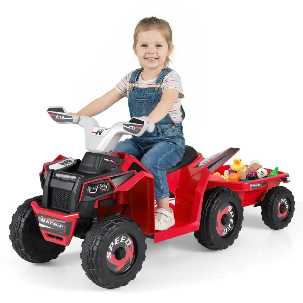 6V Kids Electric ATV Quad Car with Detachable Trailer-Red - Red - Powered Ride On Toys